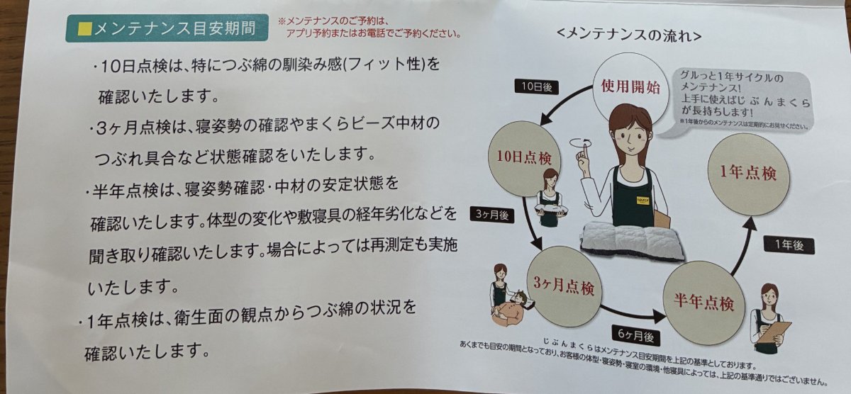 じぶんまくら取扱い説明書のメンテナンス目安期間（10日・3ヶ月・半年・1年点検）